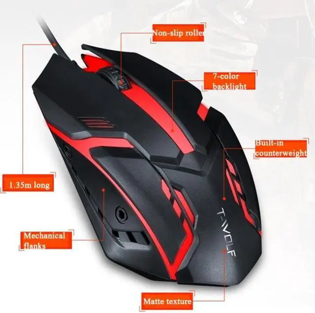 Alt view image 7 of 7 - 2 PCS T-WOLF V1 USB Interface 3-Buttons 1200 DPI Wired Mouse 7-Color Backlit Gaming Mouse, Cable Length: 1.35m
