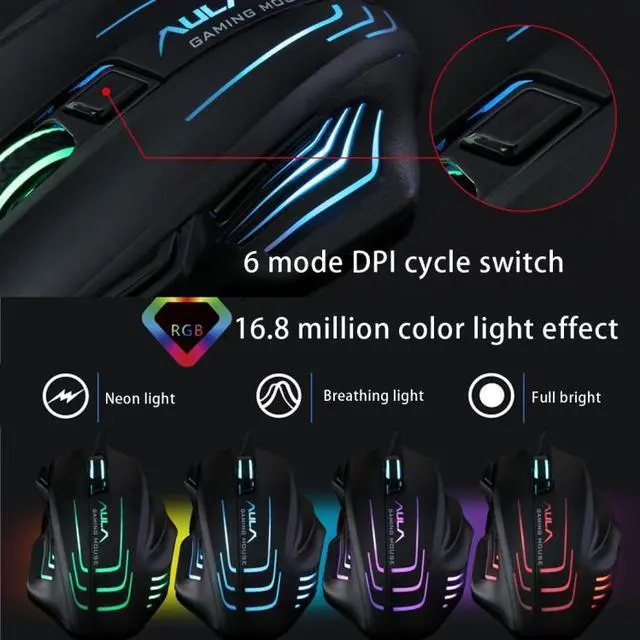 Alt view image 4 of 7 - Aula Series Ghost Shark II Colourful Light 7D Optical Competitive USB Wired Game Mouse, Maximum Resolution of 4000 DPI (Black)