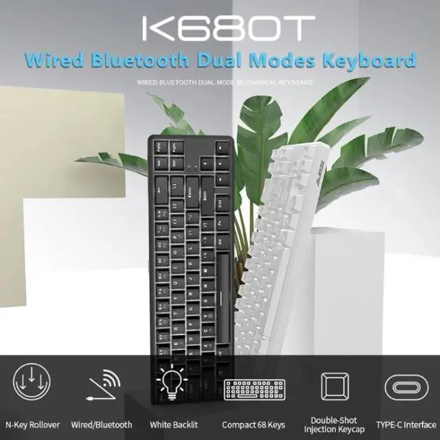 Alt view image 5 of 7 - Ajazz K680T Mini USB Wired Dual-mode Charging 68-keys Laptop Bluetooth Mechanical Keyboard, Cable Length: 1.6m White
