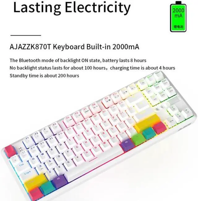 Alt view image 7 of 7 - Ajazz K870T 87-keys Wired Bluetooth + Type-C Rechargeable Mechanical Keyboard  Mini RGB Backlit Keyboard, Cable Length: 1.6m (Black Shaft)