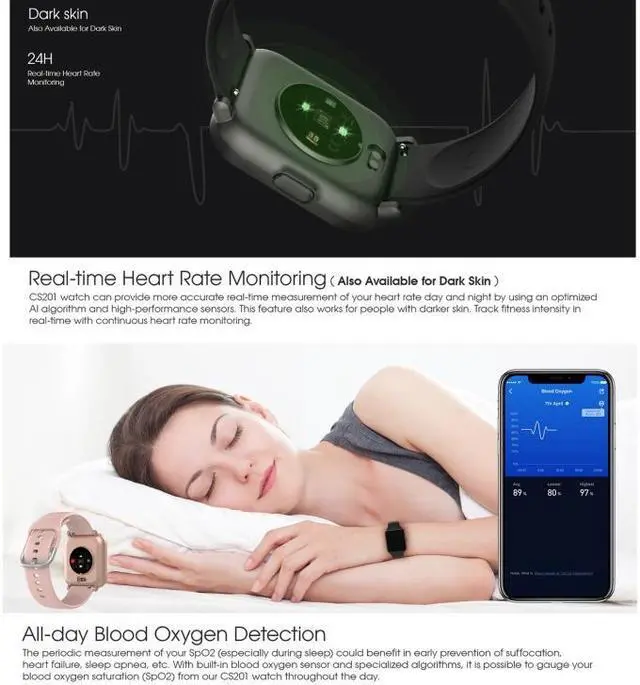 Alt view image 3 of 7 - CS201 1.3 inch TFT Color Screen IP68 Waterproof Sport Smart Watch, Support Sleep Monitoring / Heart Rate Monitoring / Blood Oxygen Monitoring / Message Push(Black) (Black)
