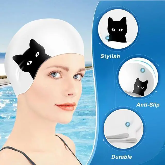 Alt view image 5 of 6 - Hy08 Cute Cartoon Print Silicone Swimming Cap, Spec: Cavaliers cat Cavaliers cat