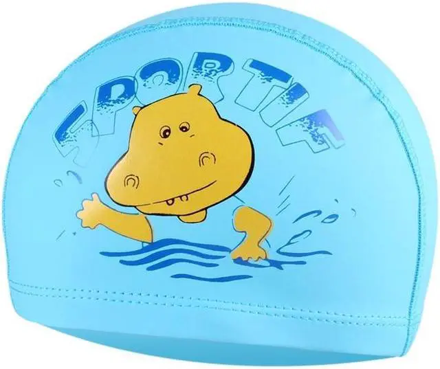 Alt view image 2 of 7 - Children Cartoon Hippo Pattern PU Coated Waterproof Swimming Cap Cartoon Hippo (Orange) (Orange)