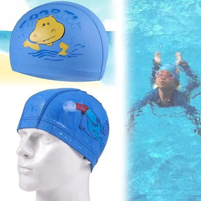 Alt view image 7 of 7 - Children Cartoon Hippo Pattern PU Coated Waterproof Swimming Cap Cartoon Hippo (Orange) (Orange)