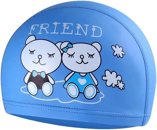 Alt view image 2 of 7 - Children Waterproof Hair Care PU Coated Cartoon Pattern Swimming Cap PU Coated (Blue Shark) (Blue Shark) Black