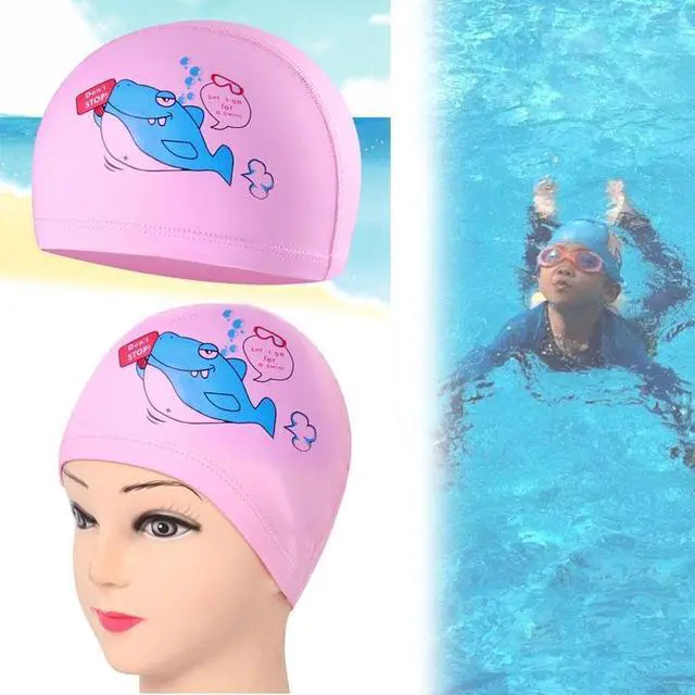 Alt view image 7 of 7 - Children Waterproof Hair Care PU Coated Cartoon Pattern Swimming Cap PU Coated (Blue Shark) (Blue Shark) Black