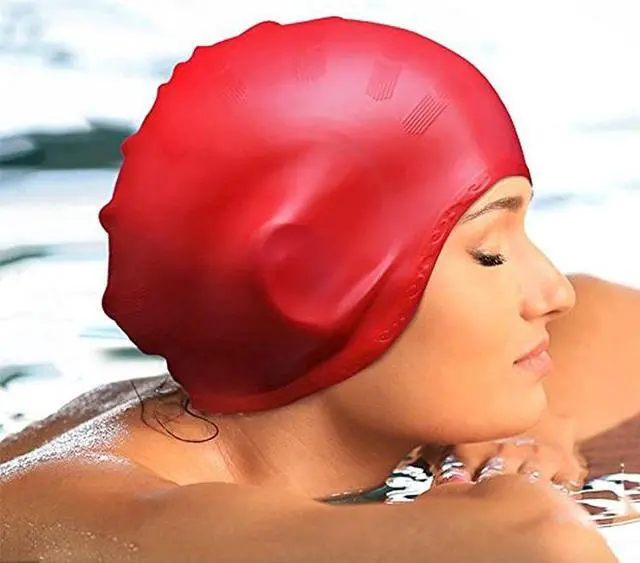 Alt view image 7 of 7 - Silicone Ear Protection Waterproof Swimming Cap for Adults with Long Hair Long Hair Swimming Cap(Red) (Red)