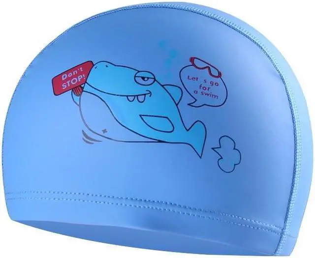 Main image of Children Waterproof Hair Care PU Coated Cartoon Pattern Swimming Cap PU Coated (Blue Shark) (Blue Shark) Black
