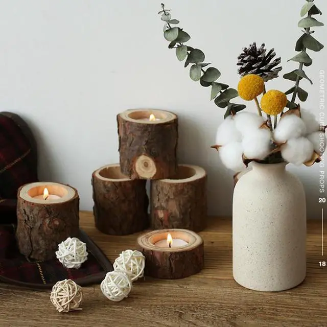Alt view image 2 of 7 - Vintage Nostalgia Stump Wooden Candle Holder Photo Prop Home Studio Decoration 4pcs Small Candles