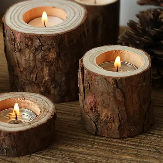 Alt view image 6 of 7 - Vintage Nostalgia Stump Wooden Candle Holder Photo Prop Home Studio Decoration 4pcs Small Candles