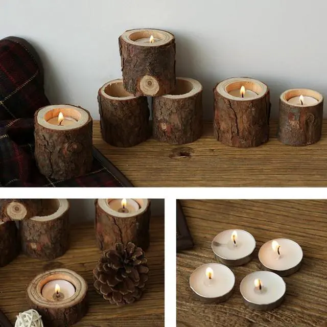 Alt view image 7 of 7 - Vintage Nostalgia Stump Wooden Candle Holder Photo Prop Home Studio Decoration 4pcs Small Candles