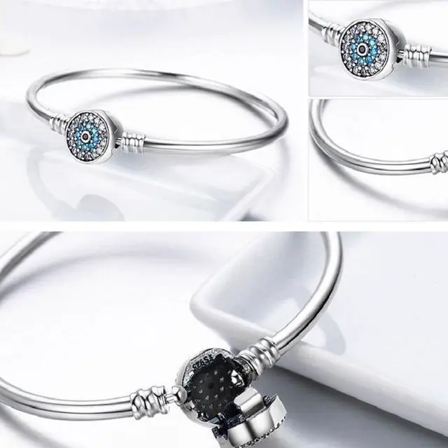 Alt view image 3 of 5 - Guardian Eye S925 Sterling Silver Bangle Bracelet Set with Blue Gems 17cm