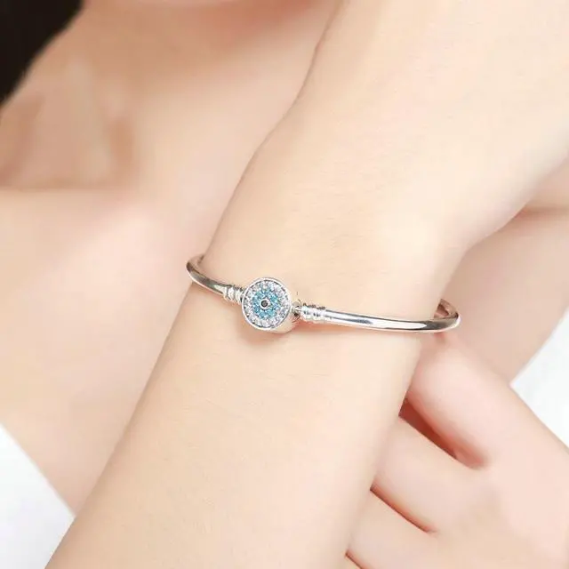 Alt view image 5 of 5 - Guardian Eye S925 Sterling Silver Bangle Bracelet Set with Blue Gems 17cm