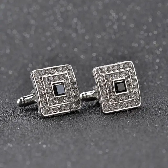 Main image of Classic Luxury Rhinestone Crystal Square Custom Enamel Men Cufflink Male French Shirt Cuff links Wedding (Silver Plated)