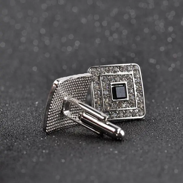 Alt view image 6 of 6 - Classic Luxury Rhinestone Crystal Square Custom Enamel Men Cufflink Male French Shirt Cuff links Wedding (Silver Plated)