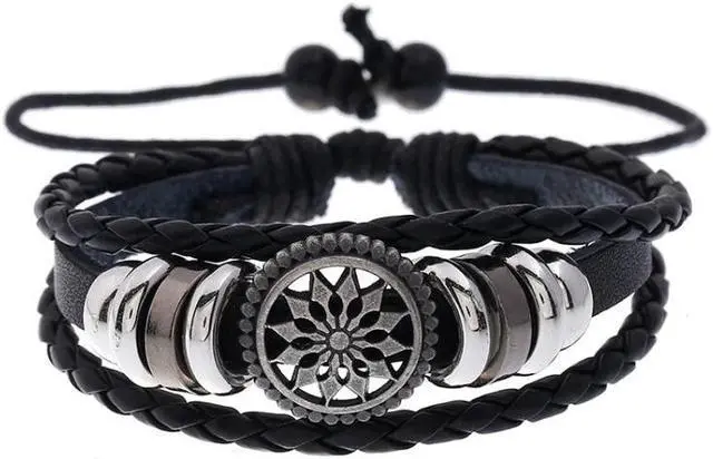 Main image of BX222 Sun Flower Beads Leather Personality Knitting Adjustable Bracelet