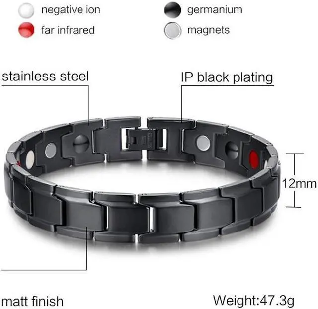 Alt view image 5 of 6 - Europe and America Style Fashion Men Jewelry Stainless Steel + Black Plating Magnetic Health Bracelet, Size: 12mm*22cm (Black)