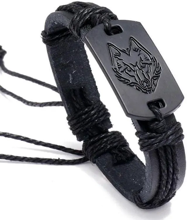 Main image of B01916 Men Leather Wolf Head Woven Bracelet, Size:B01916 (Black)
