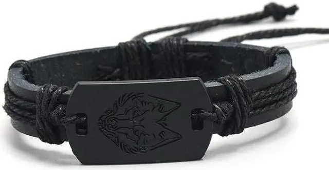Alt view image 2 of 5 - B01916 Men Leather Wolf Head Woven Bracelet, Size:B01916 (Black)