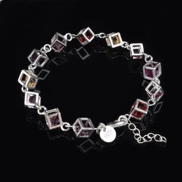 Main image of Hollow Checkered Colorful Rhinestone Fashion Silver Bracelet(Silver)