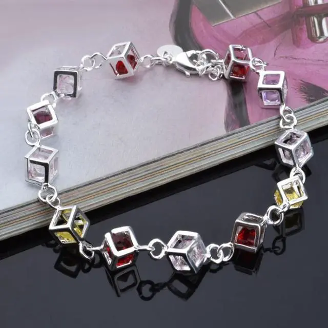 Alt view image 2 of 4 - Hollow Checkered Colorful Rhinestone Fashion Silver Bracelet(Silver)