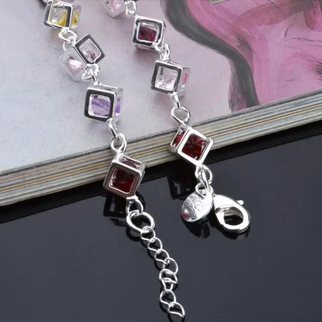 Alt view image 3 of 4 - Hollow Checkered Colorful Rhinestone Fashion Silver Bracelet(Silver)