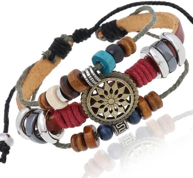 Main image of BX016 Retro Personality Leather Beaded Bracelet (Light Brown Leather+Bronze Accessories)