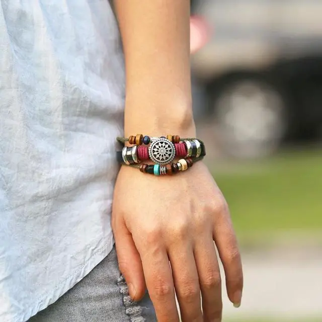 Alt view image 2 of 6 - BX016 Retro Personality Leather Beaded Bracelet (Light Brown Leather+Bronze Accessories)