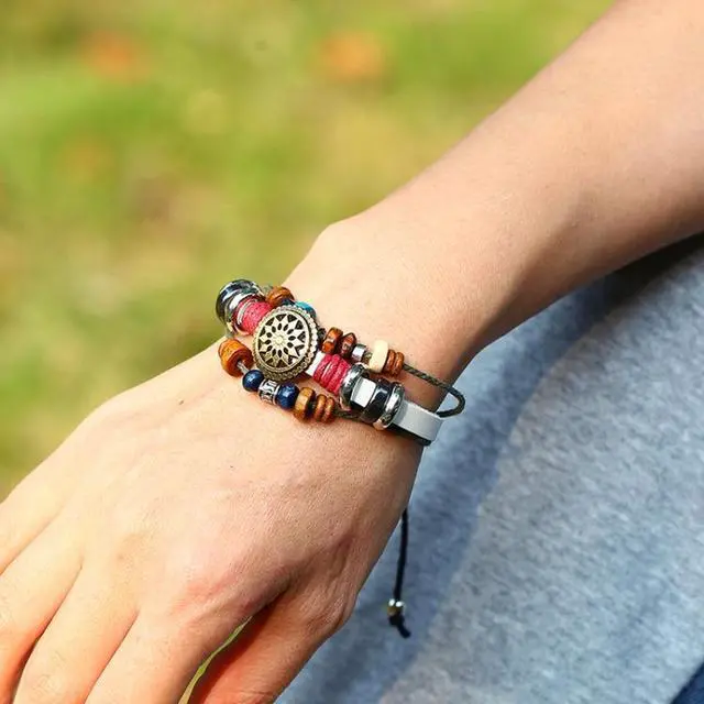 Alt view image 3 of 6 - BX016 Retro Personality Leather Beaded Bracelet (Light Brown Leather+Bronze Accessories)