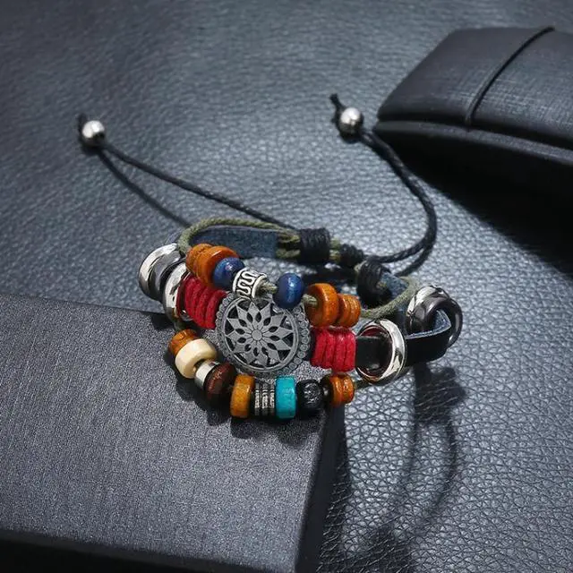 Alt view image 5 of 6 - BX016 Retro Personality Leather Beaded Bracelet (Light Brown Leather+Bronze Accessories)