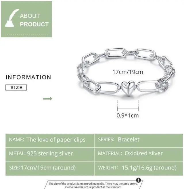 Alt view image 5 of 7 - S925 Sterling Silver Paperclip Love Women Bracelet Jewelry, Size:19cm 19cm