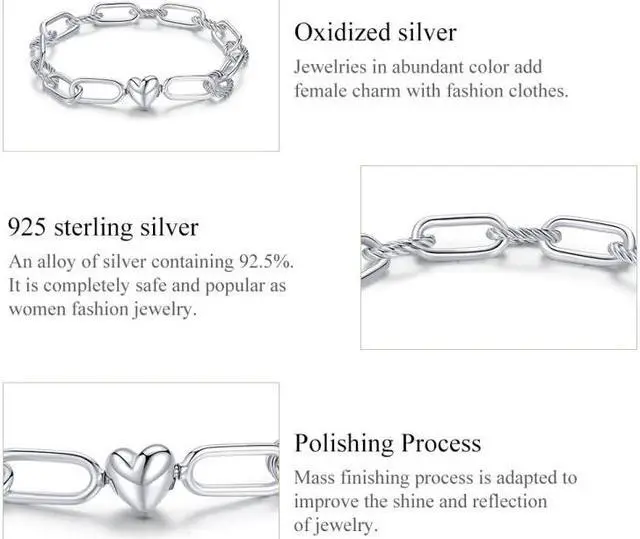 Alt view image 6 of 7 - S925 Sterling Silver Paperclip Love Women Bracelet Jewelry, Size:19cm 19cm