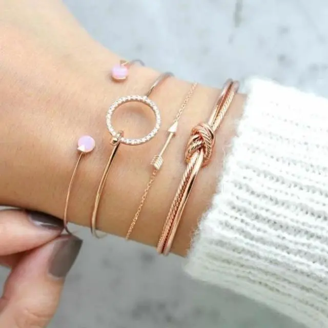 Alt view image 2 of 7 - 4 PCS/Set Arrow Multilayer Open Adjustable Round Crystal Bracelet Set for Women (silver) Silver