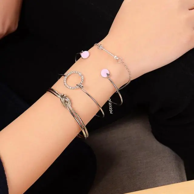Alt view image 7 of 7 - 4 PCS/Set Arrow Multilayer Open Adjustable Round Crystal Bracelet Set for Women (silver) Silver