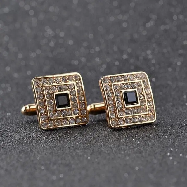 Main image of Classic Luxury Rhinestone Crystal Square Custom Enamel Men Cufflink Male French Shirt Cuff links Wedding (Light Yellow Gold Color)
