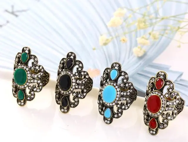 Alt view image 3 of 5 - Vintage Ethnic Style Exquisite Carved Inlaid Acrylic Resin Hollow Ring 10 (Red)