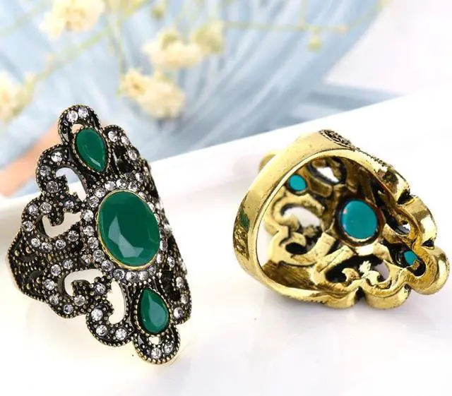 Alt view image 4 of 5 - Vintage Ethnic Style Exquisite Carved Inlaid Acrylic Resin Hollow Ring 10 (Red)