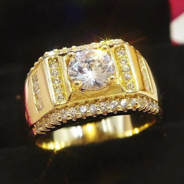 Alt view image 2 of 7 - Fashion New Style Gold Plated + AAA Zircon Inlaid Rhinestone Men Diamond Ring, Size: 7, Diameter: 17.3mm, Perimeter: 54.4mm