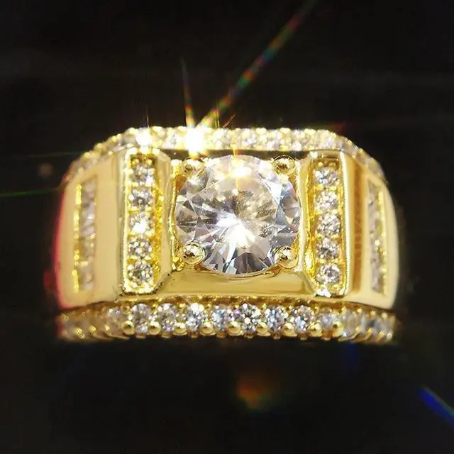 Alt view image 3 of 7 - Fashion New Style Gold Plated + AAA Zircon Inlaid Rhinestone Men Diamond Ring, Size: 7, Diameter: 17.3mm, Perimeter: 54.4mm