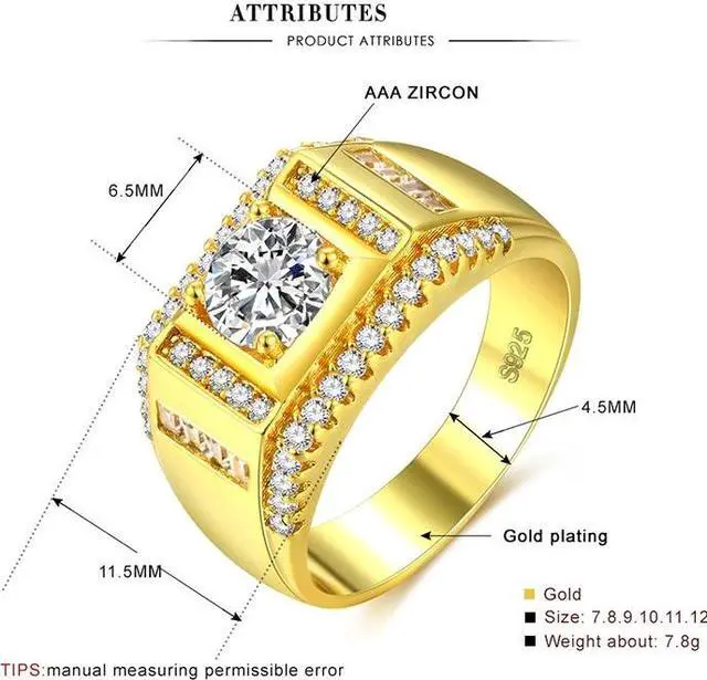 Alt view image 6 of 7 - Fashion New Style Gold Plated + AAA Zircon Inlaid Rhinestone Men Diamond Ring, Size: 7, Diameter: 17.3mm, Perimeter: 54.4mm
