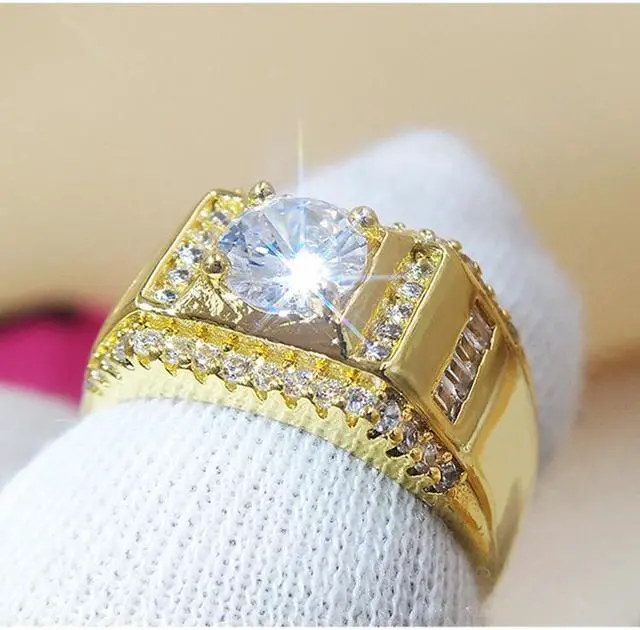 Alt view image 7 of 7 - Fashion New Style Gold Plated + AAA Zircon Inlaid Rhinestone Men Diamond Ring, Size: 7, Diameter: 17.3mm, Perimeter: 54.4mm