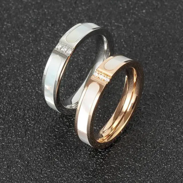 Alt view image 2 of 6 - Three Diamonds Color Shell Diamond Ring Titanium Steel Gold-Plated Couple Ring, Size: 8 US Size 8 US Size (Rose Gold)