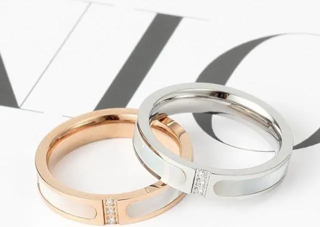 Alt view image 4 of 6 - Three Diamonds Color Shell Diamond Ring Titanium Steel Gold-Plated Couple Ring, Size: 8 US Size 8 US Size (Rose Gold)