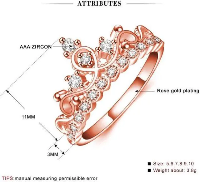 Alt view image 6 of 7 - Princess Queen Crown-shaped Rose Gold Plated Zircon Ring, US Size: 10, Diameter: 19.8mm , Perimeter: 62.1mm(Rose Gold)