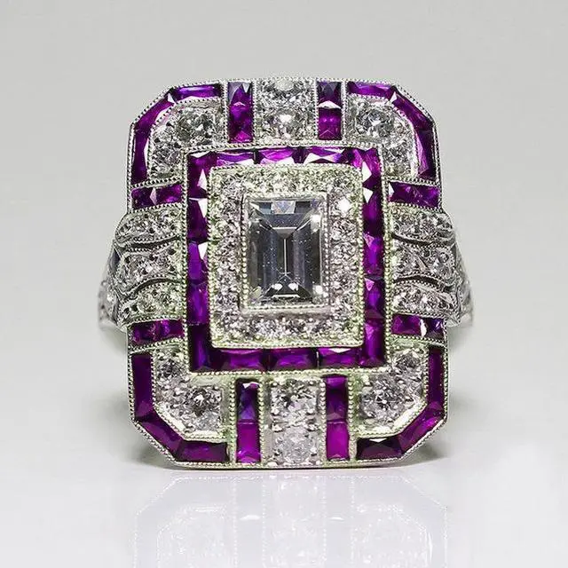 Main image of Luxury Square Women Crystal Zircon Engagement Ring 7 (Purple)