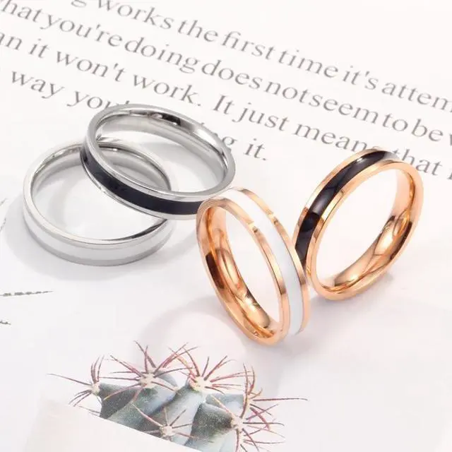 Alt view image 4 of 6 - Simple Black White Epoxy Couple Ring Women Titanium Steel Ring Jewelry, Size: US Size 7 US Size 7 (Black Glue Silver)