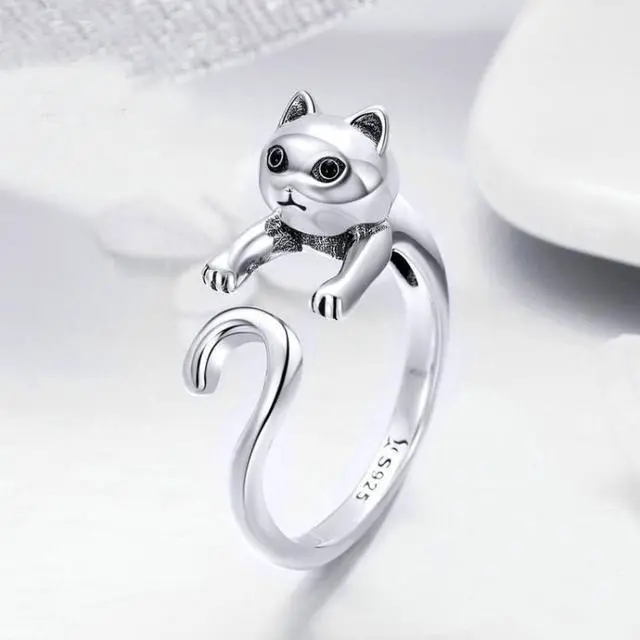 Main image of S925 Sterling Silver Ring Naughty Cat Inlaid Zircon Ring