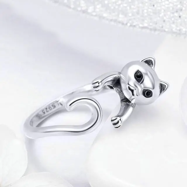 Alt view image 3 of 6 - S925 Sterling Silver Ring Naughty Cat Inlaid Zircon Ring