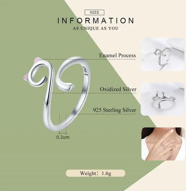Alt view image 5 of 6 - Cat Love Girl Ring S925 Sterling Silver Open Ring SCR341