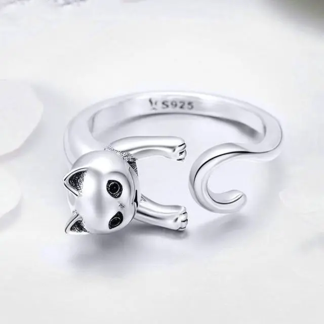 Alt view image 2 of 6 - S925 Sterling Silver Ring Naughty Cat Inlaid Zircon Ring